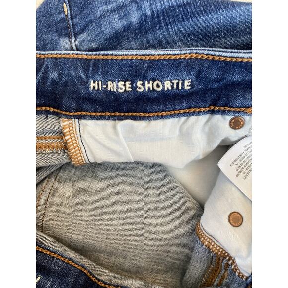 American Eagle 6 Hi-Rise Shortie Dark Wash Super Stretch Shorts Raw Hem Cut Offs - Picture 3 of 8